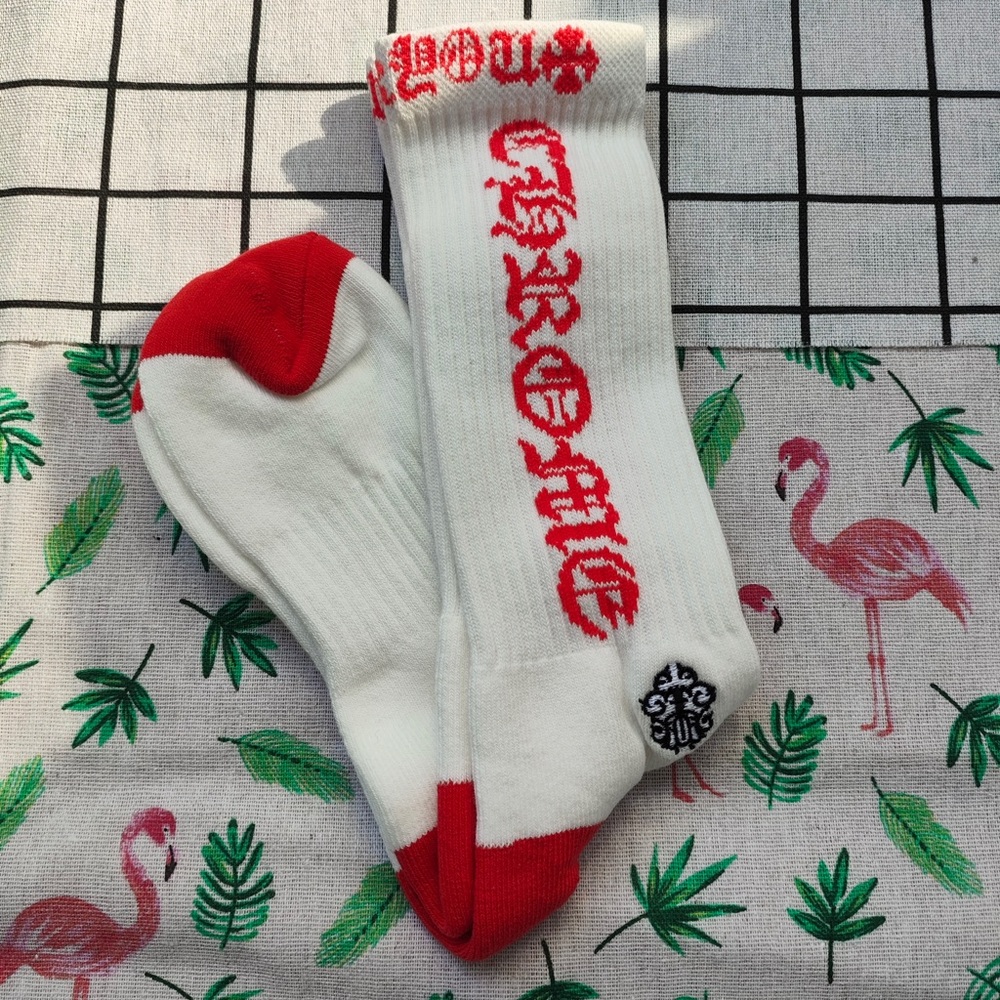 Chrome Hearts White Crew Socks with Red Accents and Black Logo